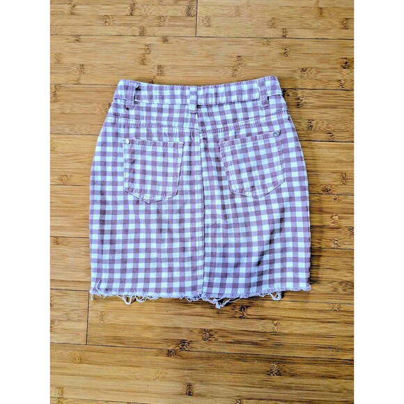 Missguided Sz 2 Pink White Gingham Denim Mini Skirt Distressed Y2K Stretch 24" - Picture 3 of 8